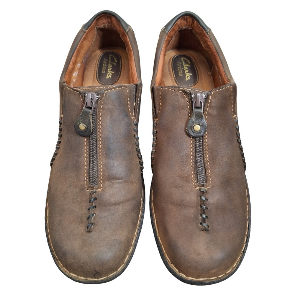 Clarks Artisan Womens 11M Brown Leather Front Zip Whipstitch Wedge Clogs 31259